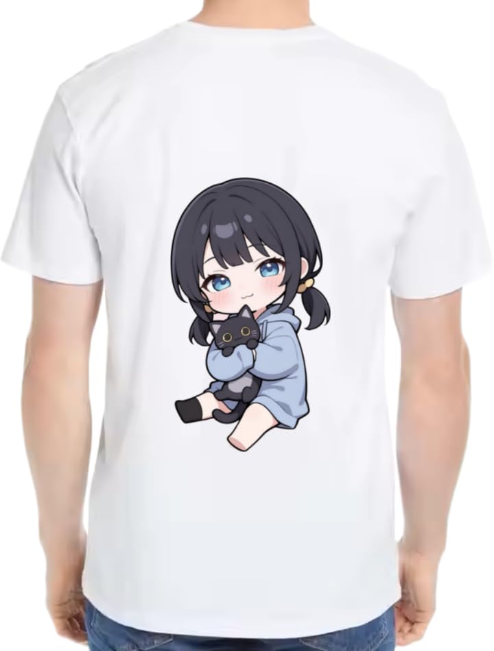 Cute Anime Girl With A Black Cat T-shirt back White