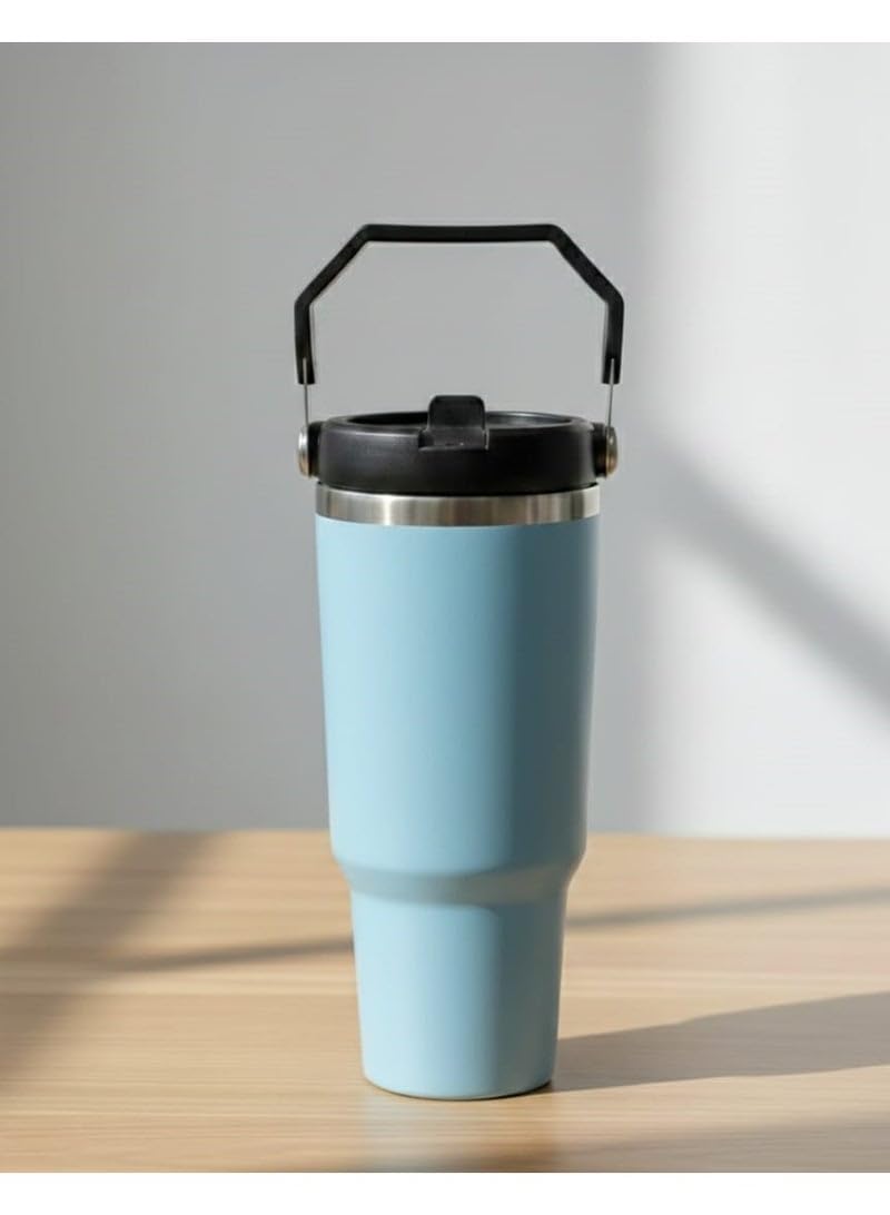 Mug with Straw and Leakproof Lid and Hand Handle, Stainless Steel Thermal Mug, Thermal Bottle for Hot and Cold Drinks, Travel Coffee Mug with Lid for Gym and Travel (Baby Blue) 900ml