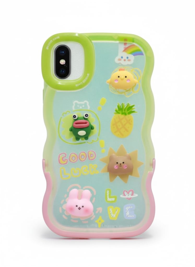 Case Compatible with iPhone Xs, Wave Frame Shape Shock Absorption Grily Case with Stand, Cute Cartoon Design for Kids, Teens, Little Girls, Women (Style3)