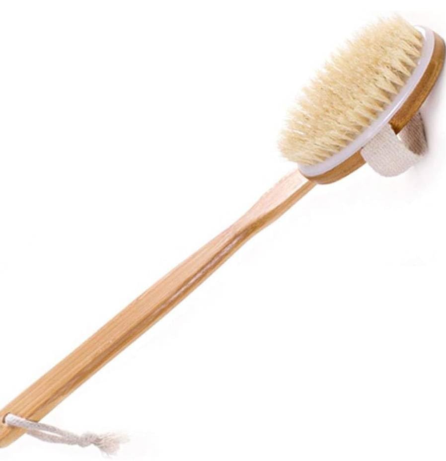 Natural Wooden Body Brush with Long Handle for Shower & Dry Brushing – Soft & Firm Bristles for Deep Exfoliation, Lymphatic Massage & Skin Cleansing – Gentle Body Scrubber for Smooth & Radiant Skin