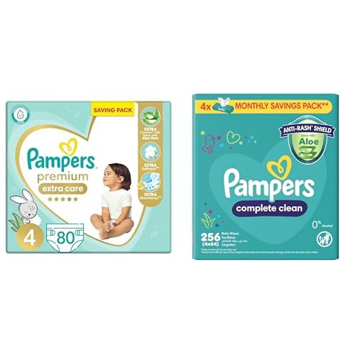 Pampers Premium EXTRA CARE Taped Diapers, Size 4, 9-18 kg, with Lotion with Aloe Vera, Saving Pack, 80 Baby Diapers +Wipes