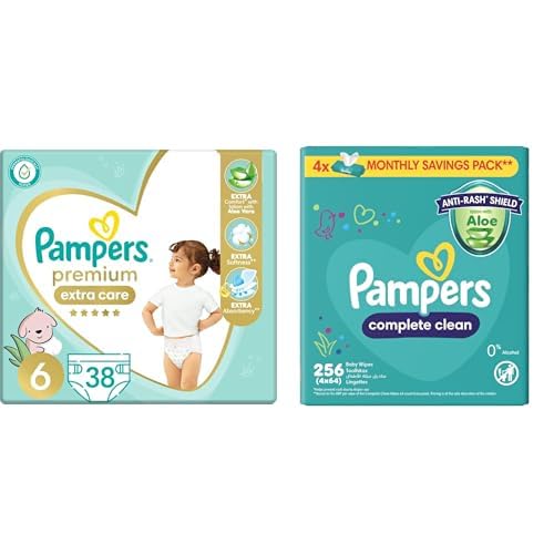 Pampers Premium EXTRA CARE Taped Diapers, Size 6, 13+ kg, with Lotion with Aloe Vera, 38 Baby Diapers +Wipes