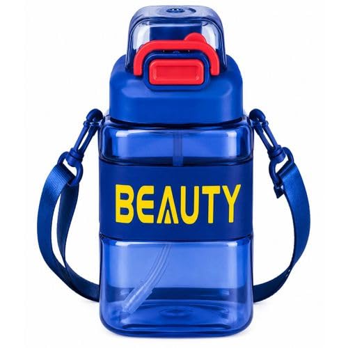 Fashion Sports Water Bottle with Carrying Strap and Inner Straw with Secure Lid, Suitable for Gym, Travel and Daily Use (Blue)