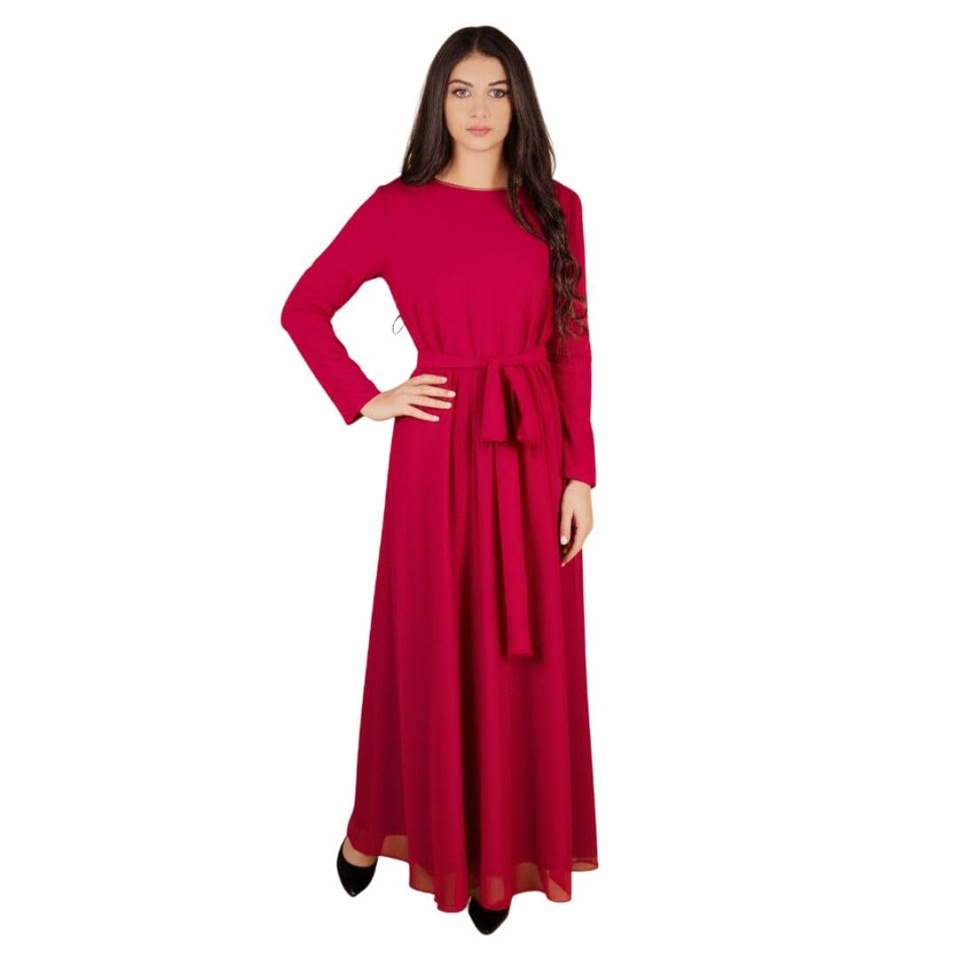 Women's Long Sleeve Maxi Dress with Waist Belt Padded Chiffon Red