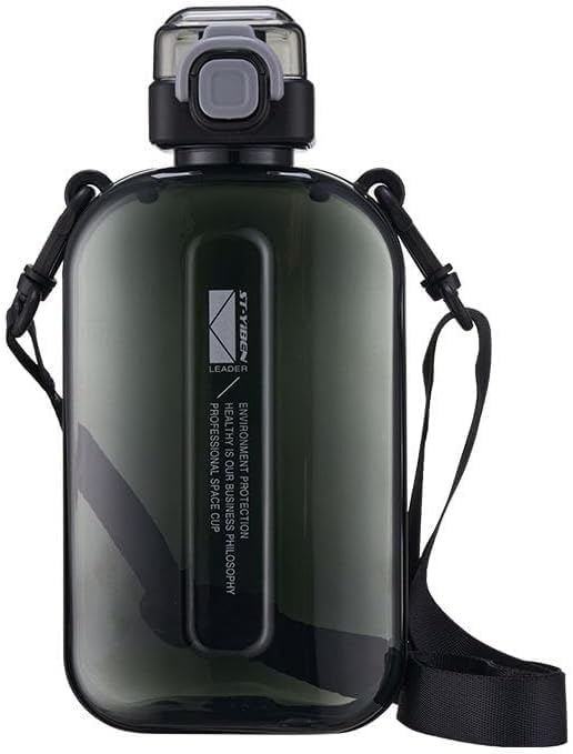 Sports Water Bottle Modern Flat Design with Convenient Carrying Strap and Leak Proof Lid for Daily Use and On The Go (Black)