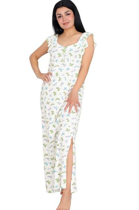 Women's Floral Printed Short Sleeve Polyester Cotton Long Nightgown - Green and Pink