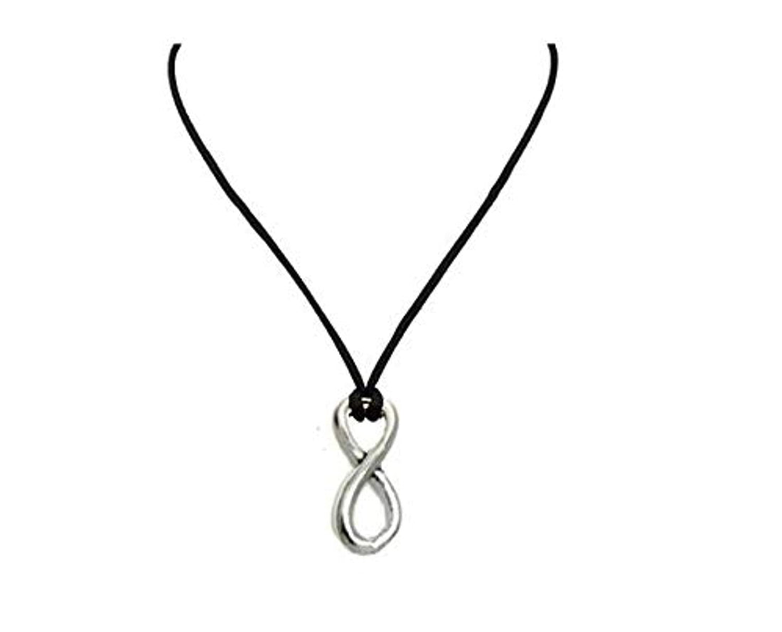 Unisex Black Leather Necklace Silver Infinity Pendant