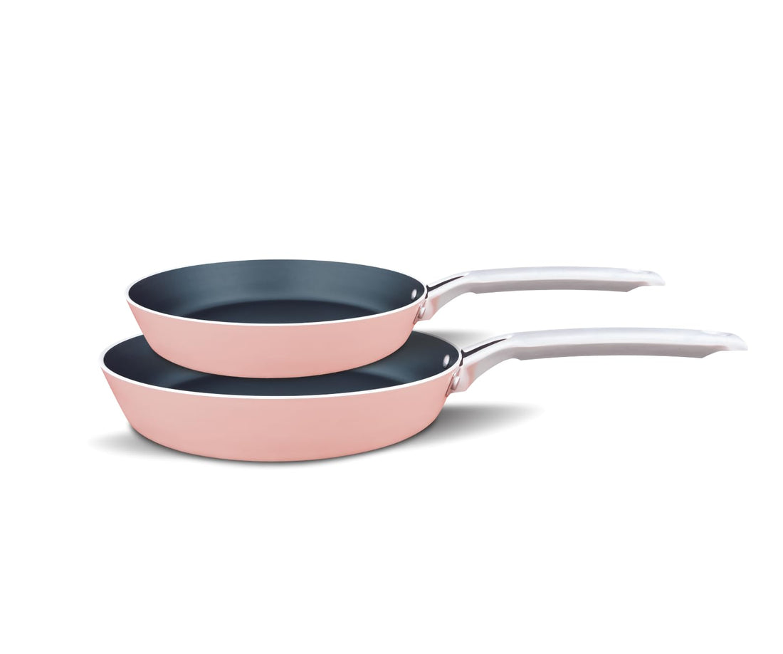 Trueval 2-Piece Non-Stick Frying Pan Set – 20cm & 24cm – Pink Aluminum Teflon-Coated Skillets – Hollow Stainless Steel Cool-Touch Handles – Even Heat Distribution