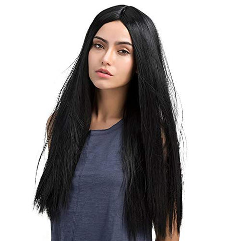 ECIF Beautiful Very Long Split Bangs Black Straight Hair Synthetic Wig Woman Hair 26 Inch