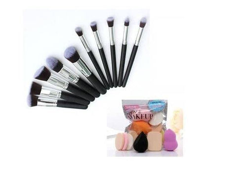 ME Premium Makeup Brushes Set of 10 pcs Black + 6 Piece Makeup Sponges Packet, Pack of 11