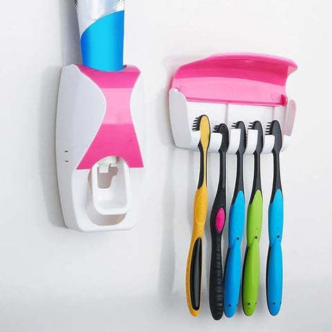 Automatic Toothpaste Dispenser and Wall-Mounted Toothbrush Holder Set, Pink and White, 5-Brush Capacity