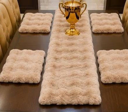 Faux Fur Table Runner and Placemat Set, Beige, 5-Piece Set for Dining Table, .rom