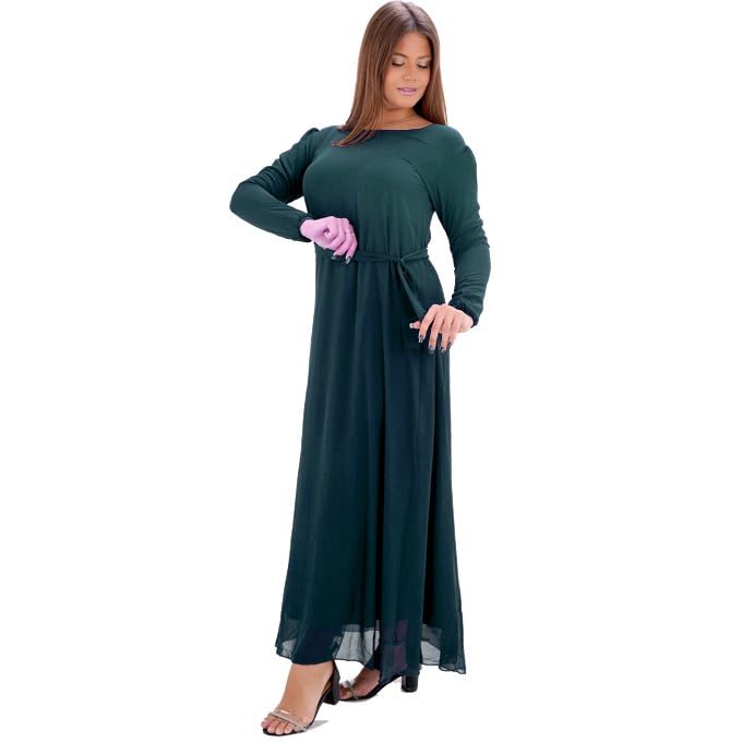 Women's Chiffon Long Dress with Waist Belt