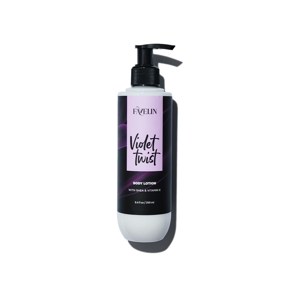 Favelin Violet Twist Body Lotion 250 ml | with nourishing Shea Butter - Coconut Oil - Glycerin and Vitamin E-deeply nourishesm - moisturizes the skin and leaves it supple and scented with Vanilla.