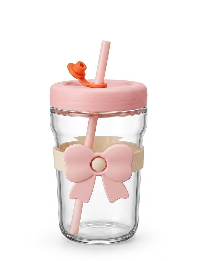Glass Tumbler with Bow Accessory and Silicone Sleeve –350ml (Pink, 350.0, Milliliters)