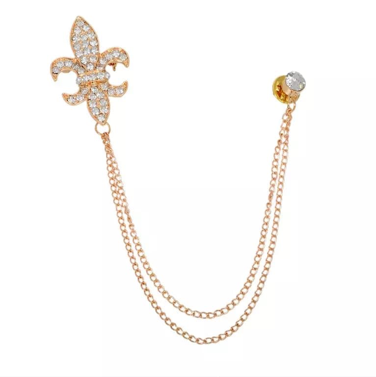 Fleur De Lis Brooch Pin with Double Chain – Crystal Rhinestone Lapel Pin Gold Tone Suit Brooch for Men & Women Wedding Formal Accessories