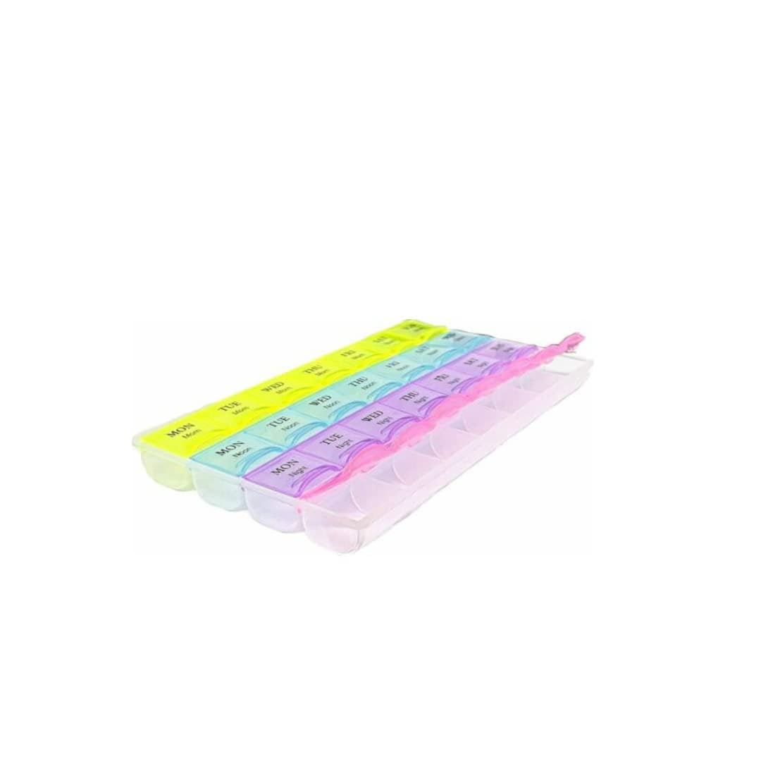 Medicine Box - Weekly Pill Planner 28 Compartments Plastic Organizer for Morning, Back and Evening Dosing Rectangle Box 21x12x1.5cm Slim Lid Clear Easy Identification Pill Safe Storage Solution