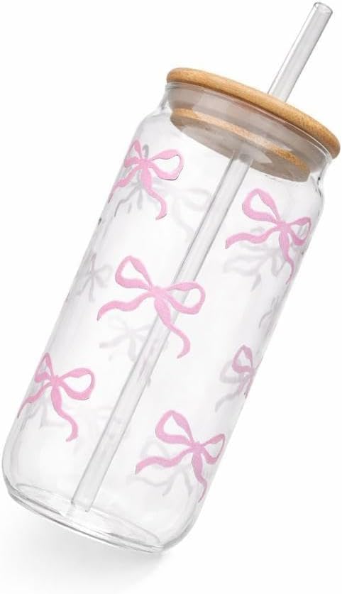 500ml Cute Pink Bow Glass Tumbler with Bamboo Lid and Straw, Aesthetic Iced Coffee Cup and Cold Drinks Mug, 1 Piece - Pink Bow Design Glass Ice Coffee Mug