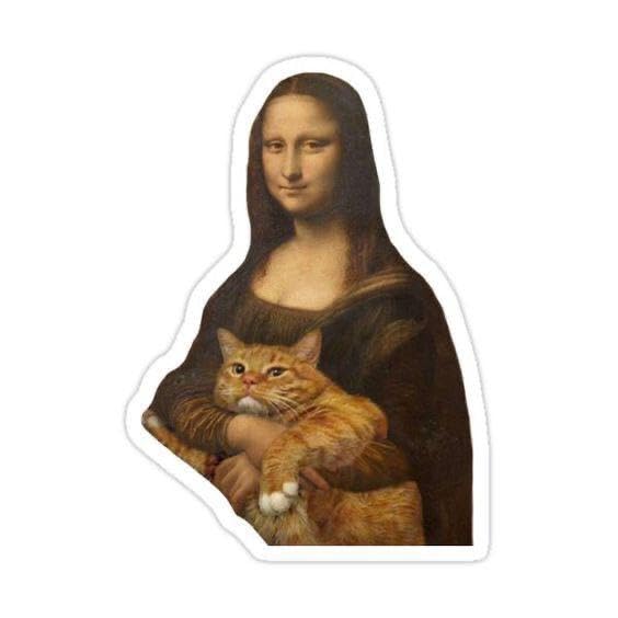 Classic Art Parody Sticker, Decorative Portrait with Orange Cat, Vinyl Die-Cut
