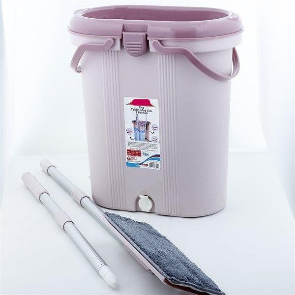 Turkish Original Flat Mop Bucket 3 Compartment | 14L | 100% Microfiber Replacement | 3 Stage Rinse, Wring & Drying | Shatterproof Plastic | Convenient Storage & High Quality