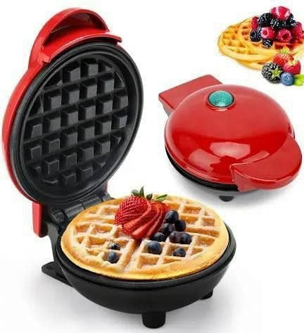 Mini Waffle Maker, 350 Watts, Non-stick PFOA-Free Surface, Recipe Guide Included, Red and Black