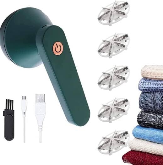 Electric Fabric lint Remover, Rechargeable Clothes Hair Ball Trimmer, Green, USB Powered, LED Light, Safe Mesh Protection (large)