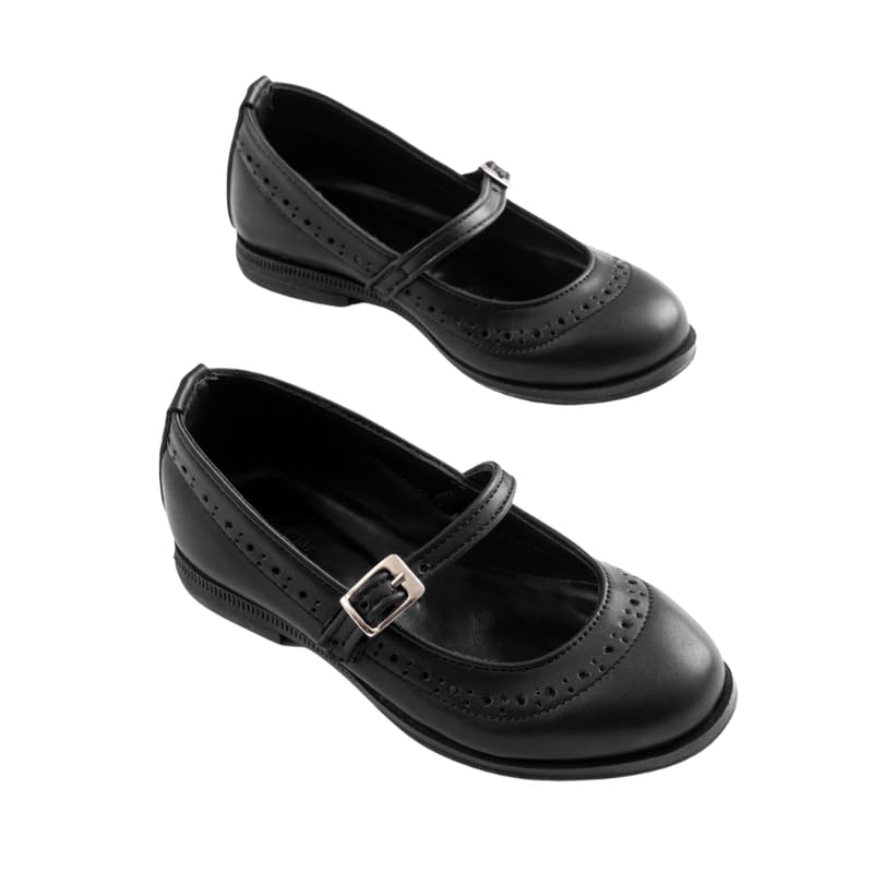 Katee Girls Classic Mary Jane School Shoes, Black Leather, Brogue Design with Buckle Strap (Black, 33)