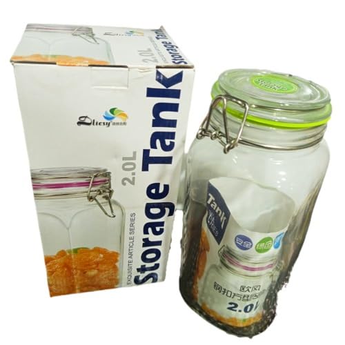 Glass storage jar container with clamp and air tight lid 2000 ml