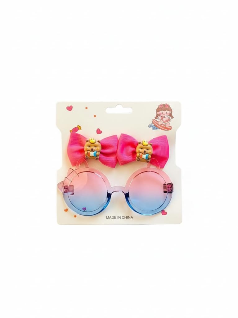 Nopatia Cheerful Kids Accessories Set Round Sunglasses with Pink and Blue Shades and Pink Ribbon Hair Clip - Attractive Gift Set Makes Girls Charming and Fun