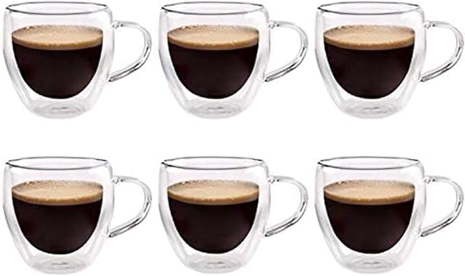Double Wall Glass Coffee Cup, Clear, Espresso Mug with Handle, Insulated Borosilicate Glass (6, 75ml)