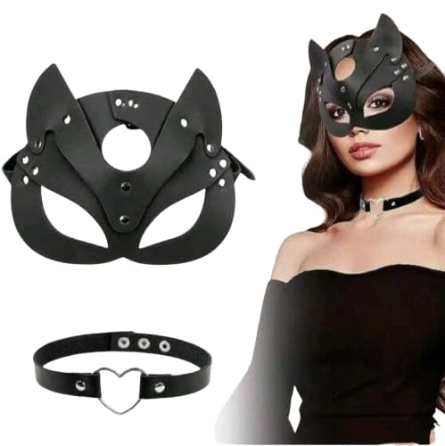2pcs Women Leather Fox Half Mask And Heart Neck Rings