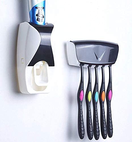 VEDHAK Plastic Wall Mounted Automatic Toothpaste Dispenser for Home Bathroom Acessories Toothpaste Dispenser Squeezer Kit Tooth Brush Holder Set Automatic.(Multicolor)