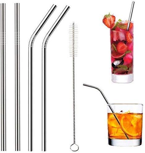 HARIKRUPEX Reusable BPA-Free Metal, Thick, Long, Dishwasher Safe Stainless Steel Drinking Straws, 8.5 Inches (2 Bend and 2 Straight and 1 Cleaning Brushes)