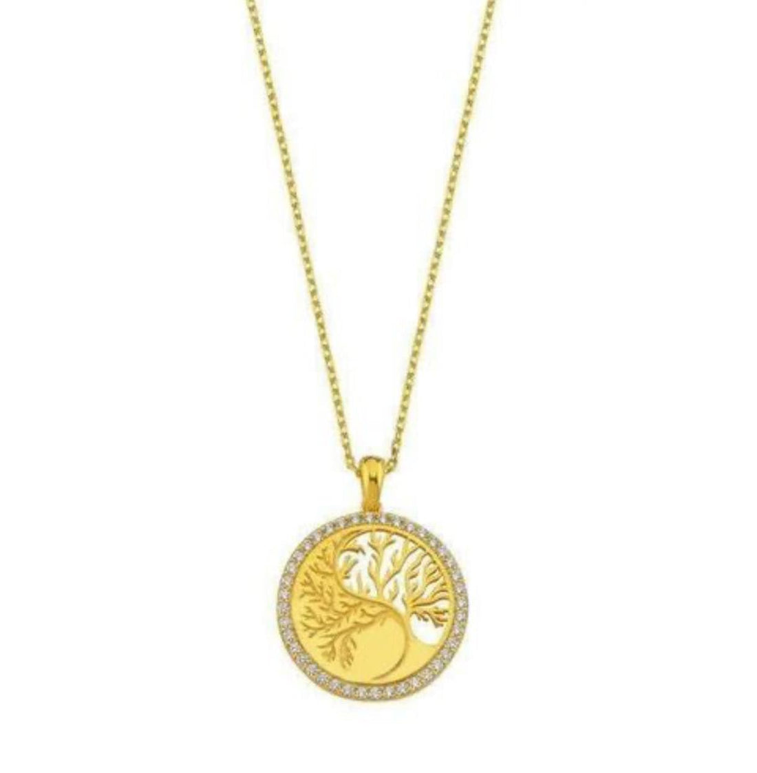 18K Gold Plated Stainless Steel Yin Yang Tree of Life Pendant Necklace for Women - Round
