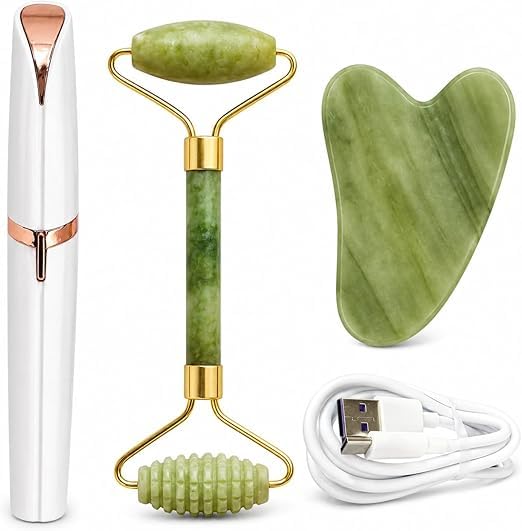 Face Roller Set 3 in 1 Jade Roller with Gua Sha Stone and Eyebrow Trimmer, Facial Massage Tool for Face, Neck and Eye Area Skin Care