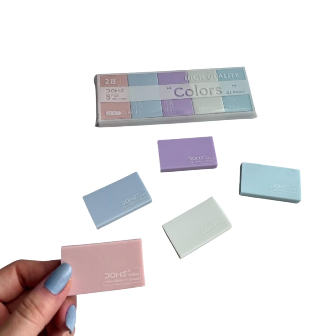Plastic Eraser Set – 5 Different Colors, 5 High Quality Pencil Traces Removal