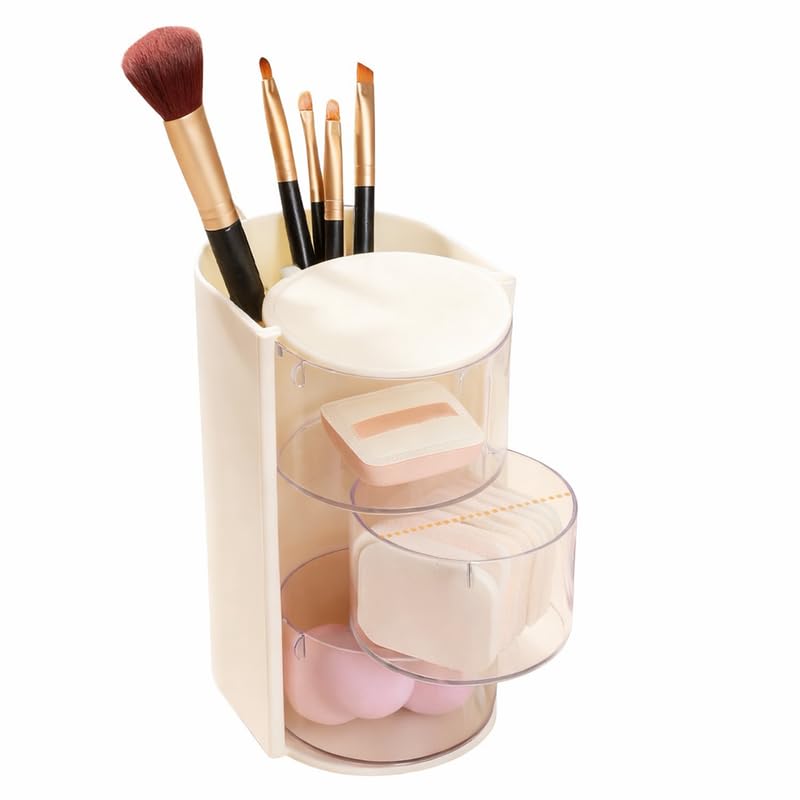 Downtown Rotating Makeup Organizer with Drawers Cosmetic Storage Tower for Brushes Lipsticks Skincare Bathroom Vanity Counter Organizer