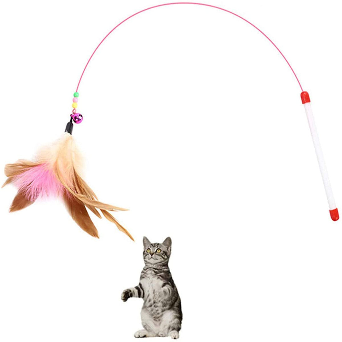 Pet Teaser Cat Toy Steel Wire Feather Interactive Cat Stick Training，Kitten Wand Toys with Beads Bells (1 Pack)