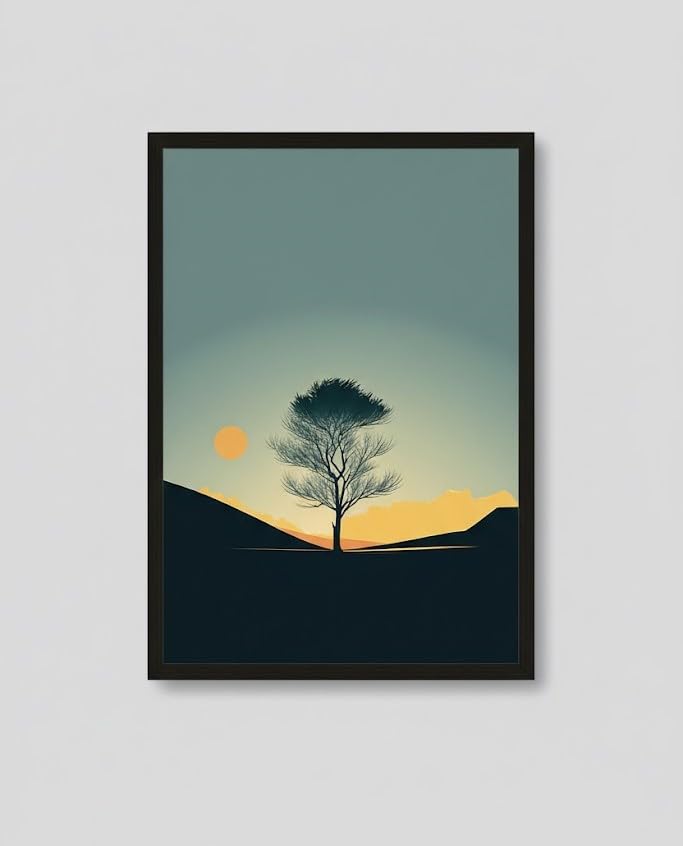 Modern Abstract Nature Wall Art, Black Frame with Tree Silhouette Sunset Scene, 40x30 cm Portrait Print, Acrylic Material, Art Deco Style Home Decor