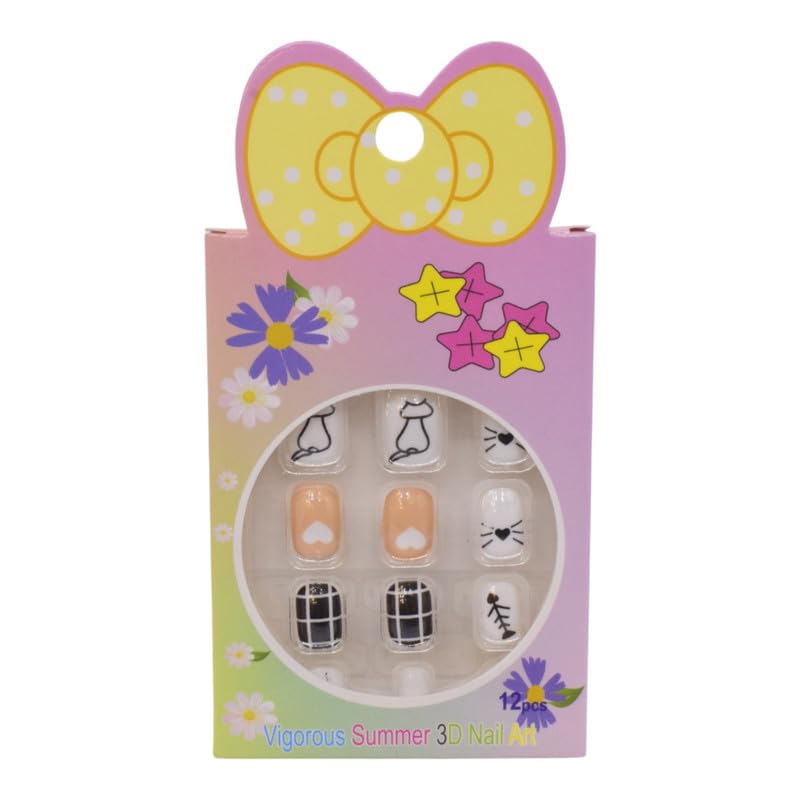 Cat-Themed Designs 3D Press-On Nails 12-Piece Set for Girls - Multicolor
