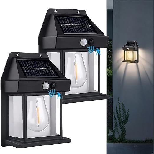 Solar Wall Lights Outdoor, Wireless Dusk to Dawn Porch Lights Fixture, Solar Wall Lantern with 3 Modes & Motion Sensor, Waterproof Exterior Lighting with Clear Panel (Medium, 1)