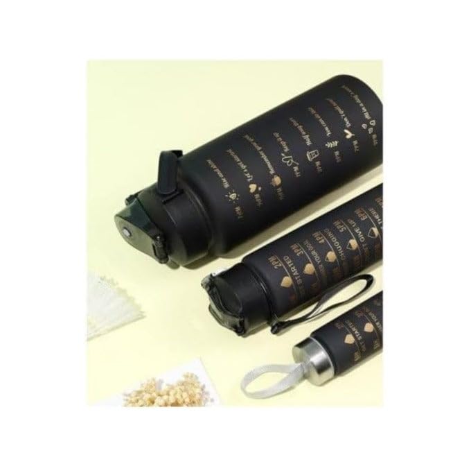Sports bottle set with straw and time indicators for cold water for men and women for exercise and outdoor use, 3 pieces, Black Runway plastic
