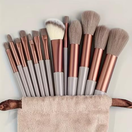Professional Makeup Brush Set, 13 Pcs Rose Gold Gray Handle Soft Synthetic Hair with Storage Bag for Face Eyes Lips