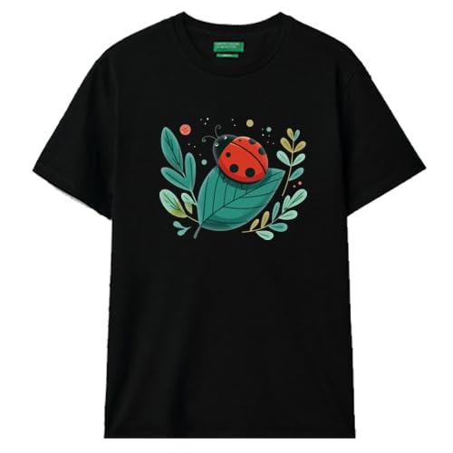Benetton Ladybug Graphic T-Shirt, Black, Casual Style, Nature Theme, Short Sleeve.size, L