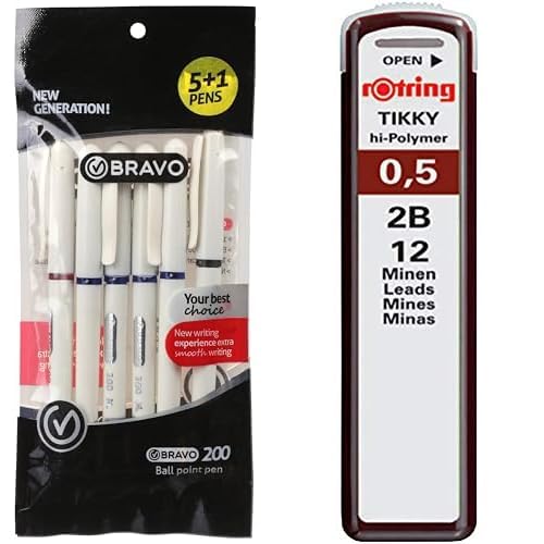 Bravo Stationery Bundle: 200 Ballpoint Pen 6-Pack + Rotring Tikky Leads 0.5mm 2B