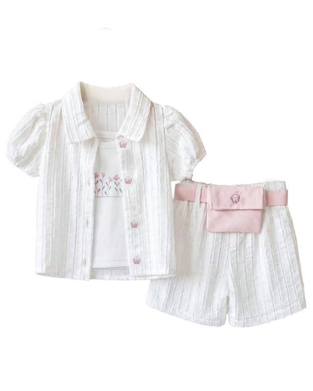 My Baby Girls 3-Piece Floral Top Set with Belted Shorts & Bag
