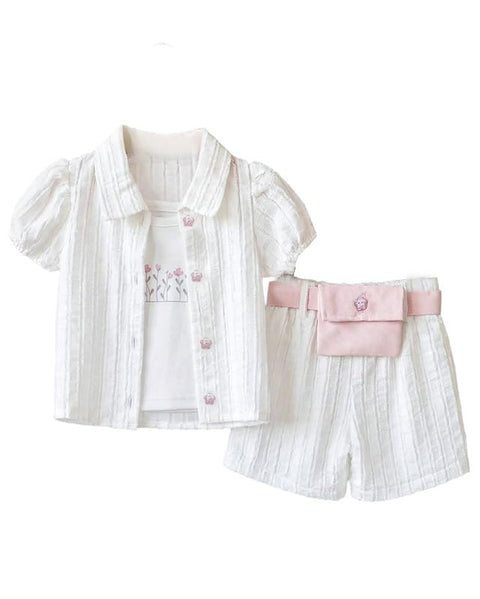 My Baby Girls 3-Piece Floral Top Set with Belted Shorts & Bag
