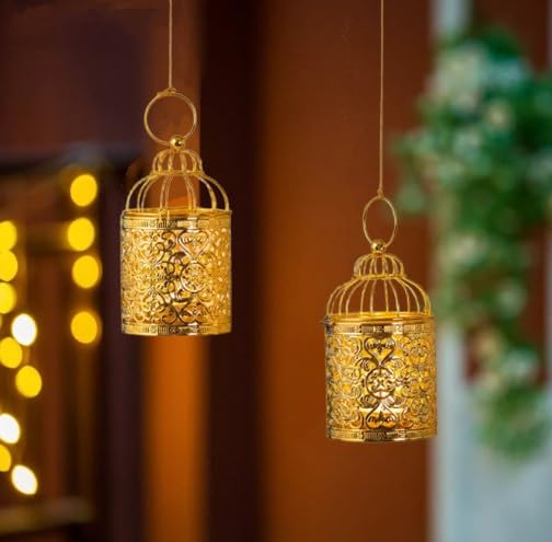 Metal Hanging Bird Cage Lantern Decorative Candle Lanterns European Style 14cm (Gold)