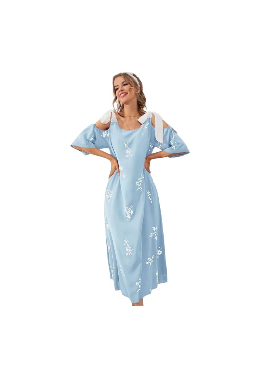 Floral Print Open Shoulder Comfy Loose Dress - One Size