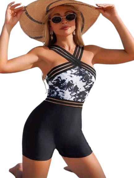 SHEIN-Tie Dye Contrast Mesh One Piece Swimsuit
